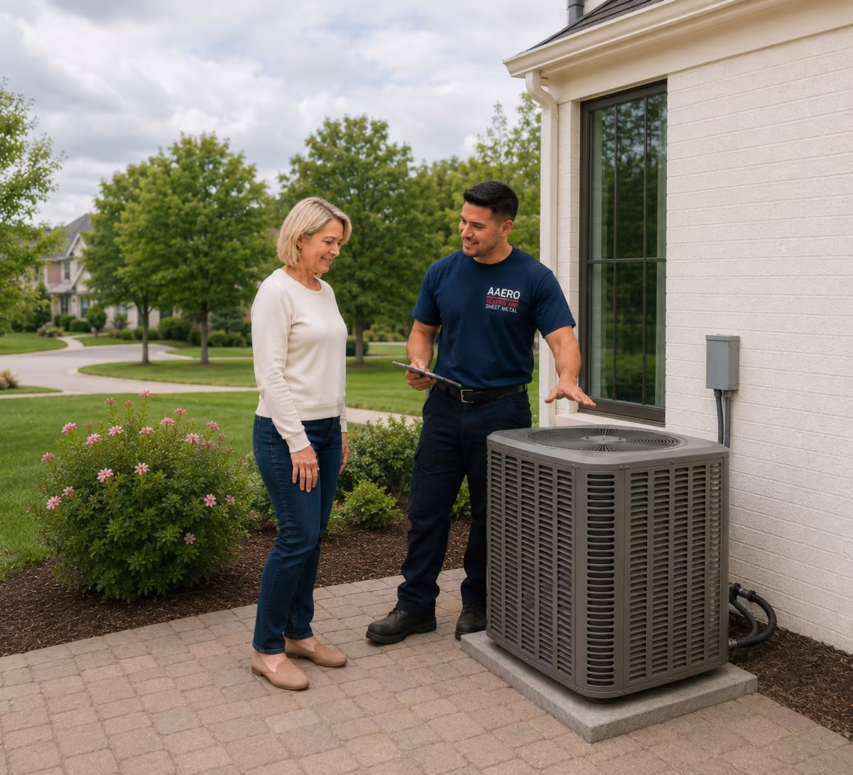 AAERO HVAC technician greeting a homeowner at the door in Marin County California to discuss their heating and cooling needs