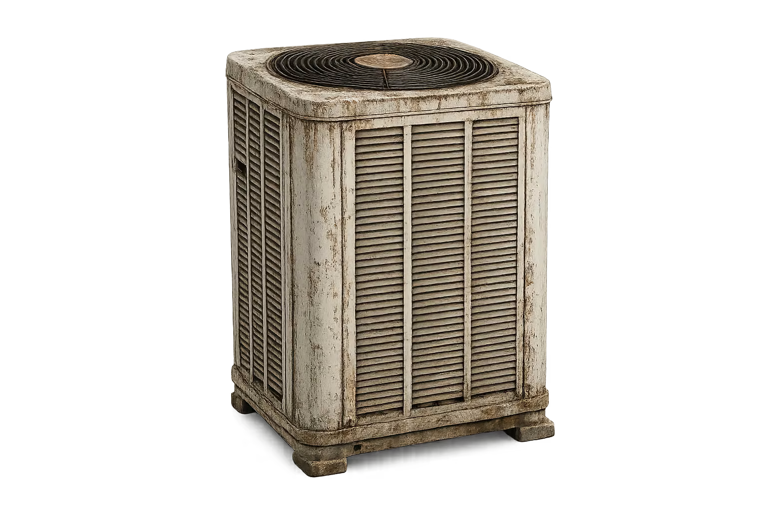 Old worn-out outdoor AC condenser unit being replaced by AAERO HVAC at a Marin County home during AC installation