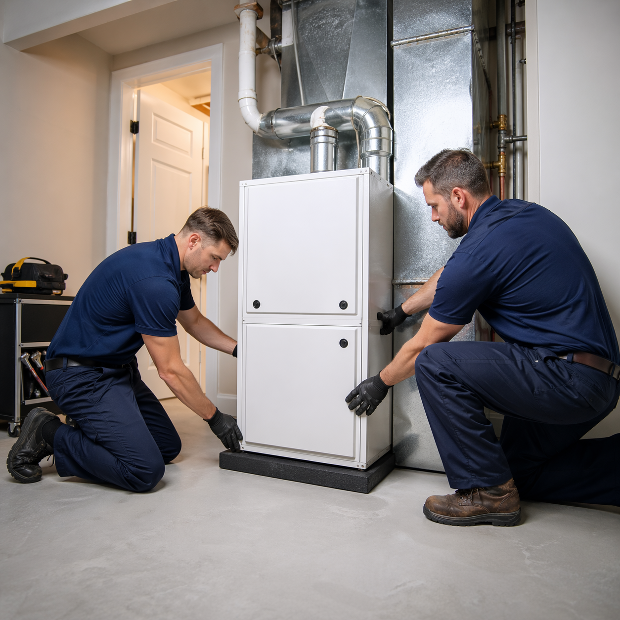 Two technicians installing a furnace